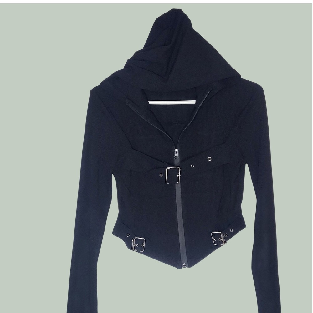 Dazy Black Ribbed Buckle Strap Zip Up Hooded Jacket Techwear Cropped Large